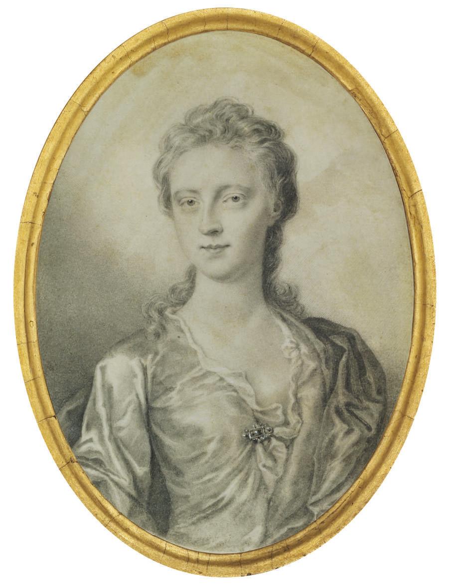 Thomas Forster - A young lady, in satin open gown fastened with a gem-set brooch, ruffled shift, satin mantle, long curling hair