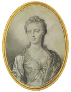 Thomas Forster - A young lady, in satin open gown fastened with a gem-set brooch, ruffled shift, satin mantle, long curling hair