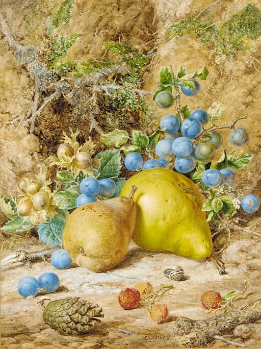 Thomas Frederick Collier - Still-life of pears, damson, beech nuts and horse chestnuts on a bank