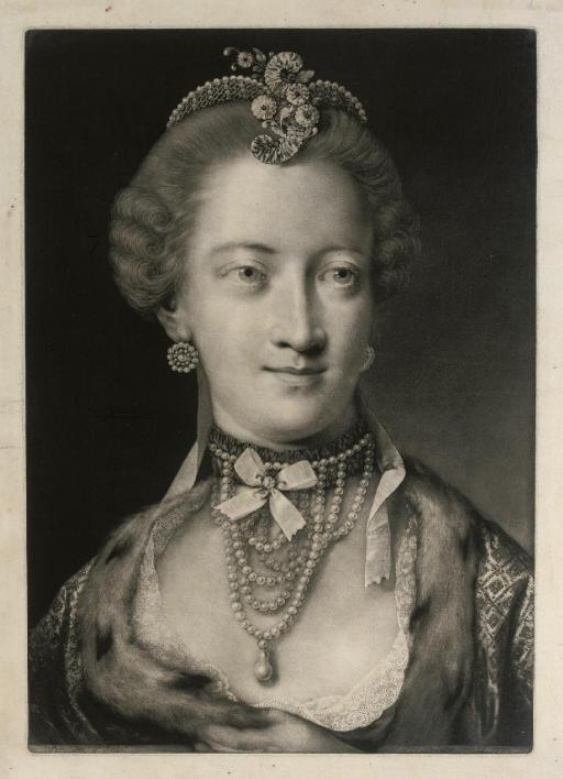 Thomas Frye - A Fashionable Lady, with a Pearl Necklace and Pearl Diadem Supporting a Scroll and Spray of Flowers, from Life-sized Heads, second series