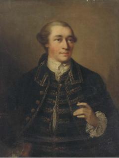 Thomas Frye - A portrait of Henry Hanson, half-length, in a black jacket with cuffs and gold stitching