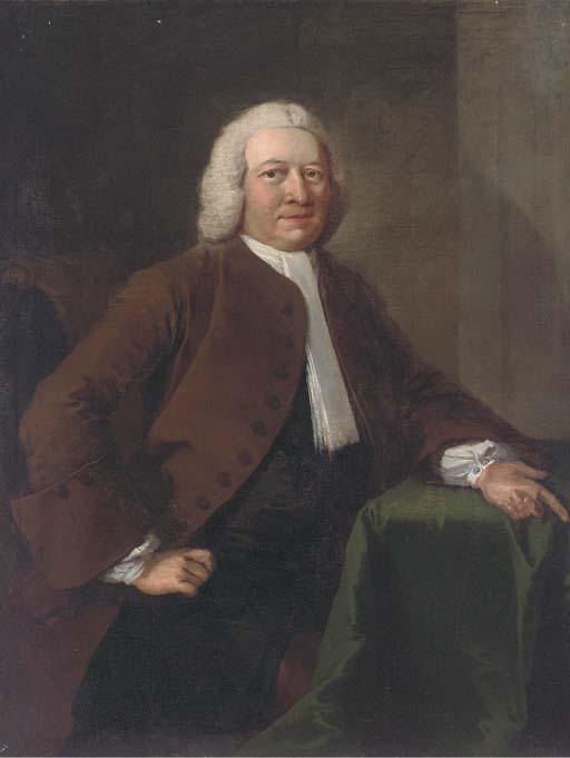 Thomas Frye - Portrait of Benjamin Day, seated three-quarter-length, in a brown jacket, black breeches and a white stock, by a draped table