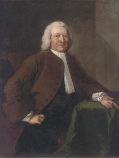 Thomas Frye - Portrait of Benjamin Day, seated three-quarter-length, in a brown jacket, black breeches and a white stock, by a draped table