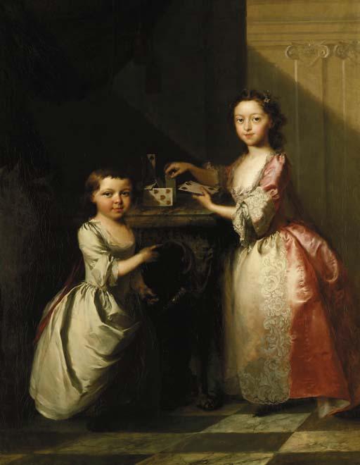 Thomas Frye - Portrait of two young children, full-length, the elder girl building a house of cards on a marble topped table, the younger child playing with a walking stick, in an interior