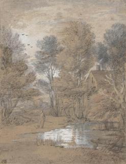 Thomas Gainsborough, R.A. - A cottage with trees reflected in a woodland pool