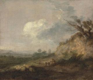 Thomas Gainsborough, R.A. - A landscape with a shepherd and his dog, his flock resting by a dune in the foreground