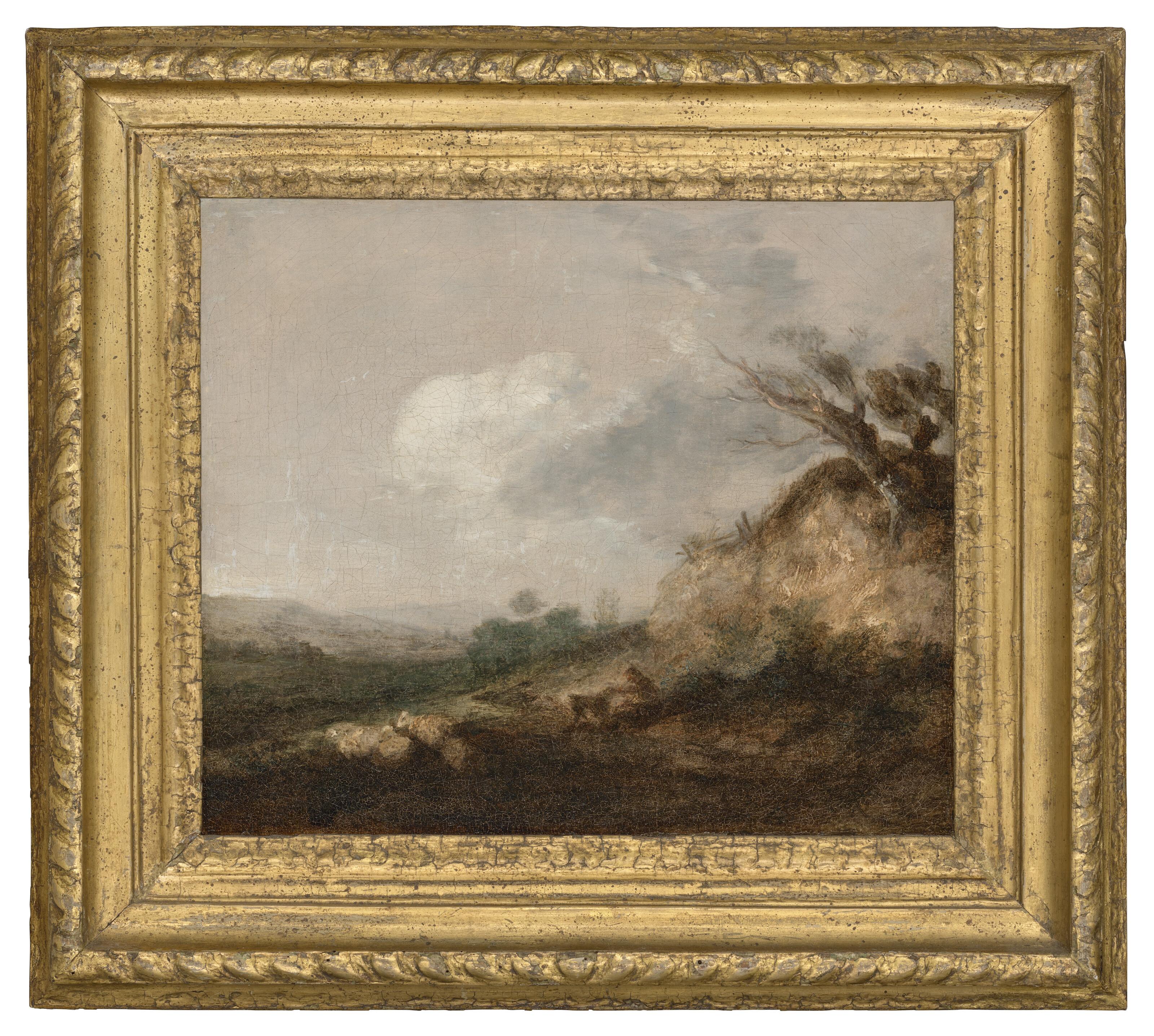 Thomas Gainsborough, R.A. - A shepherd and his dog in a landscape, his flock resting by a dune in the foreground