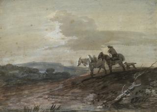 Thomas Gainsborough, R.A. - An Open Landscape At Dusk;  With Figure, Packhorse, Dog And Cottage