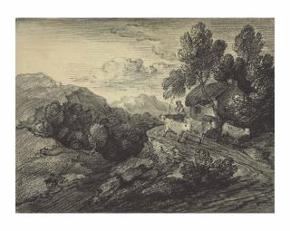 Thomas Gainsborough, R.A. - Cattle and a drover on a lane passing a cottage