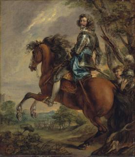 Thomas Gainsborough, R.A. - Equestrian portrait of Albert, duc d\'Arenberg, prince of Barbonçon (1600-1674), in armour, with a blue sash, in a wooded landscape, a battlefield beyond, after Sir Anthony van Dyck