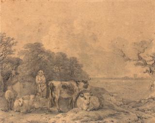 Thomas Gainsborough, R.A. - Herdsman with cows and sheep outside a cottage at the edge of a wood
