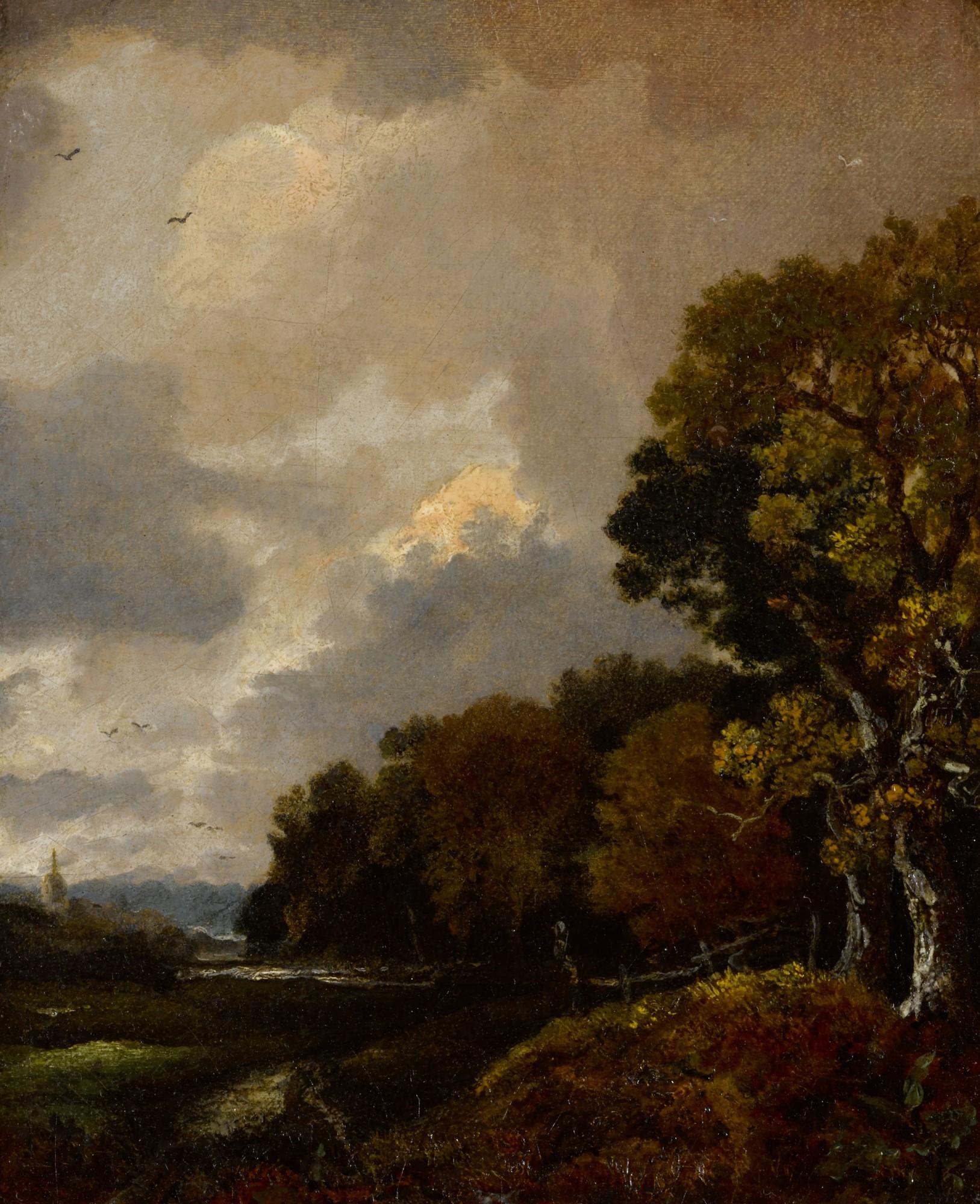 Thomas Gainsborough R.A. - Landscape with trees and a field, a church tower in the distance