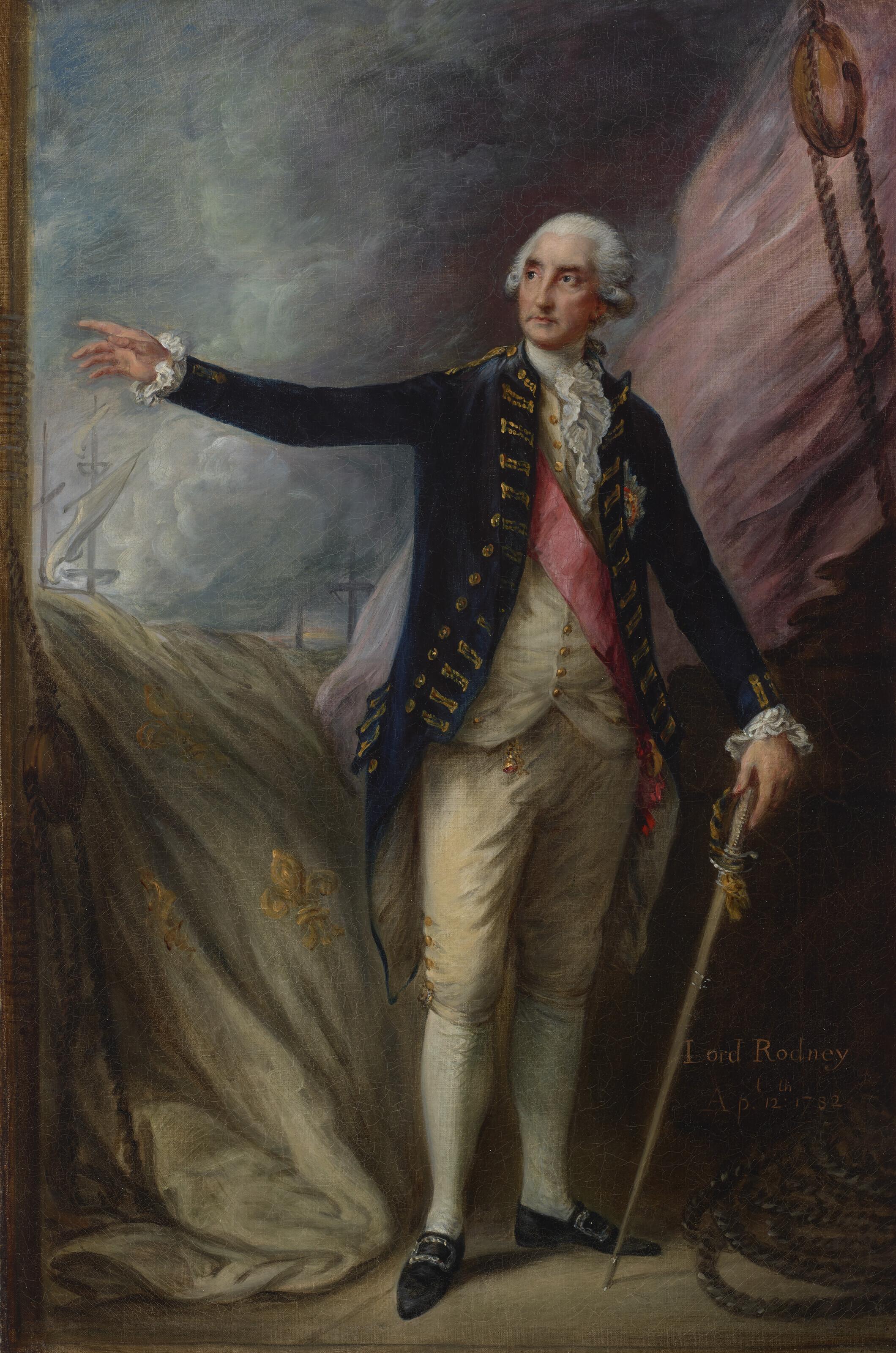 Thomas Gainsborough, R.A. - Portrait of Admiral George Brydges Rodney, 1st Lord Rodney (1718-1792), full-length, in naval uniform on a ship, with a sea battle in the background
