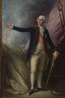 Thomas Gainsborough, R.A. - Portrait of Admiral George Brydges Rodney, 1st Lord Rodney (1718-1792), full-length, in naval uniform on a ship, with a sea battle in the background