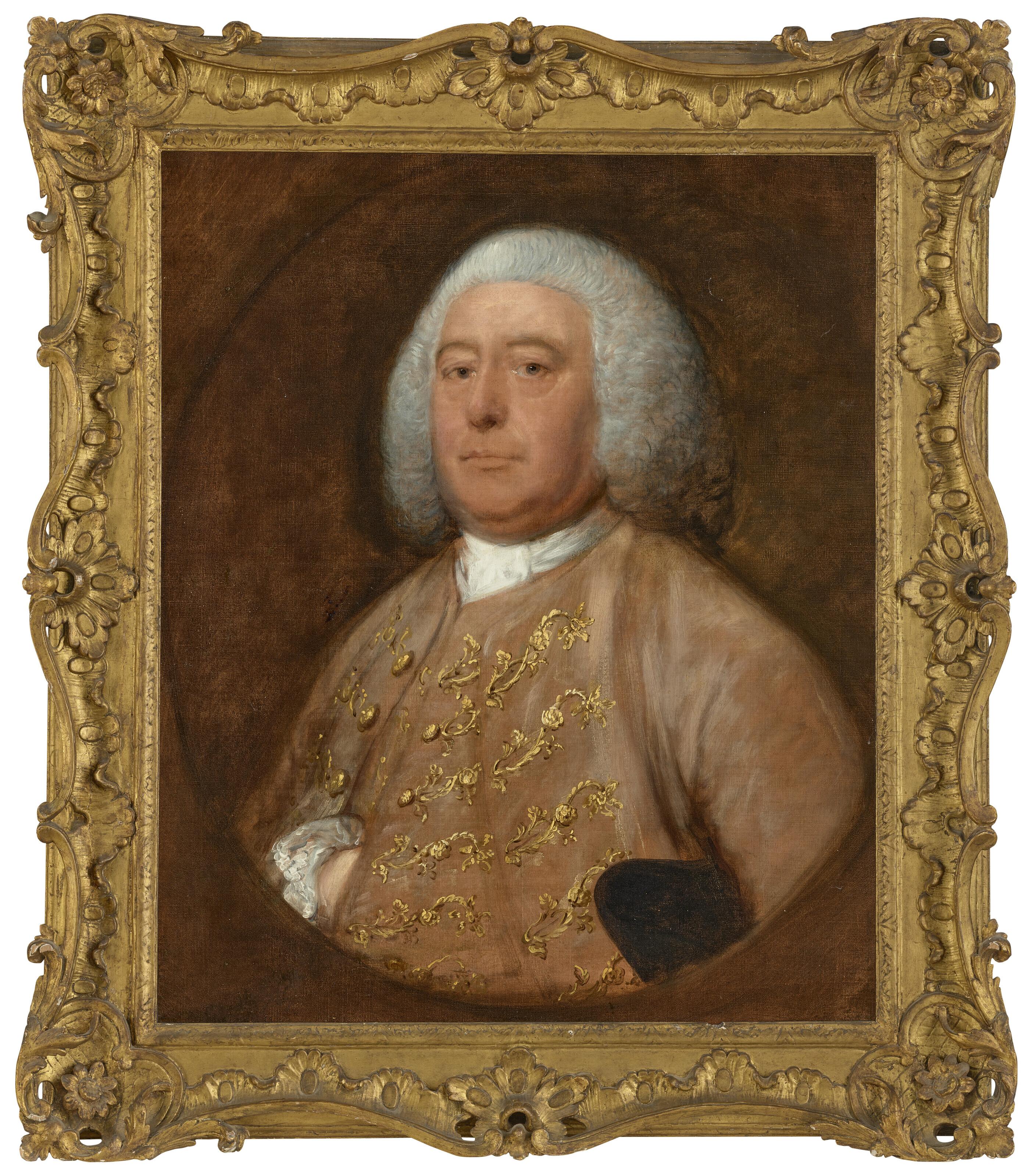 Thomas Gainsborough, R.A. - Portrait of Henry Fane, M.P. (1703-1777), of Wormsley, Oxfordshire, half-length, in a gold-embroidered pink velvet coat and waistcoat, a tricorne hat under his arm, in a feigned oval