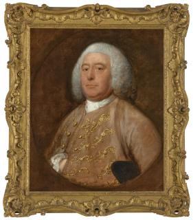 Thomas Gainsborough, R.A. - Portrait of Henry Fane, M.P. (1703-1777), of Wormsley, Oxfordshire, half-length, in a gold-embroidered pink velvet coat and waistcoat, a tricorne hat under his arm, in a feigned oval