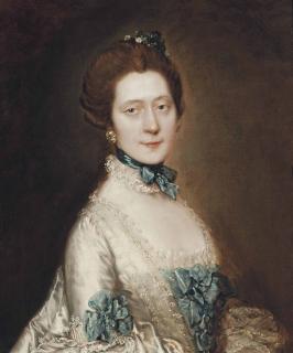 Thomas Gainsborough, R.A. - Portrait Of Lady Anne Furye, Née Greenly (B. 1738), Half-Length, In A White Satin Sack-Back Dress With Blue Echelles, Wearing A Blue Ribbon And Lace Choker, With Crystal Earrings And Pompom Flowers In Her Hair
