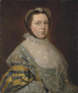 Thomas Gainsborough, R.A. - Portrait of Mrs Thomas Prowse, half-length, in a blue and gold dress trimmed with lace and ribbons