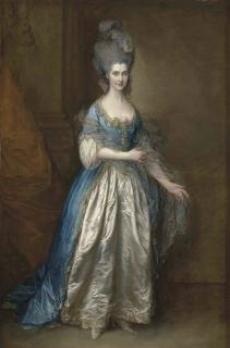 Thomas Gainsborough, R.A. - Portrait of Mrs. William Villebois, full-length, in masquerade dress, with a blue gown and a lace-edged satin skirt, holding a diaphanous wrap, beside a pilaster