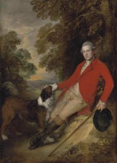 Thomas Gainsborough, R.A. - Portrait of Philip Stanhope, 5th Earl of Chesterfield (1755-1815), full-length, in a scarlet coat and buff breeches, holding a black hat and stick in his left hand, with his dog in a landscape