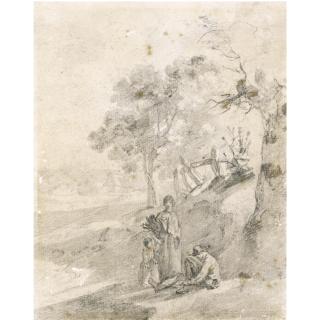 Thomas Gainsborough R.A. - Rustic Figures Beside Trees, Buildings Beyond