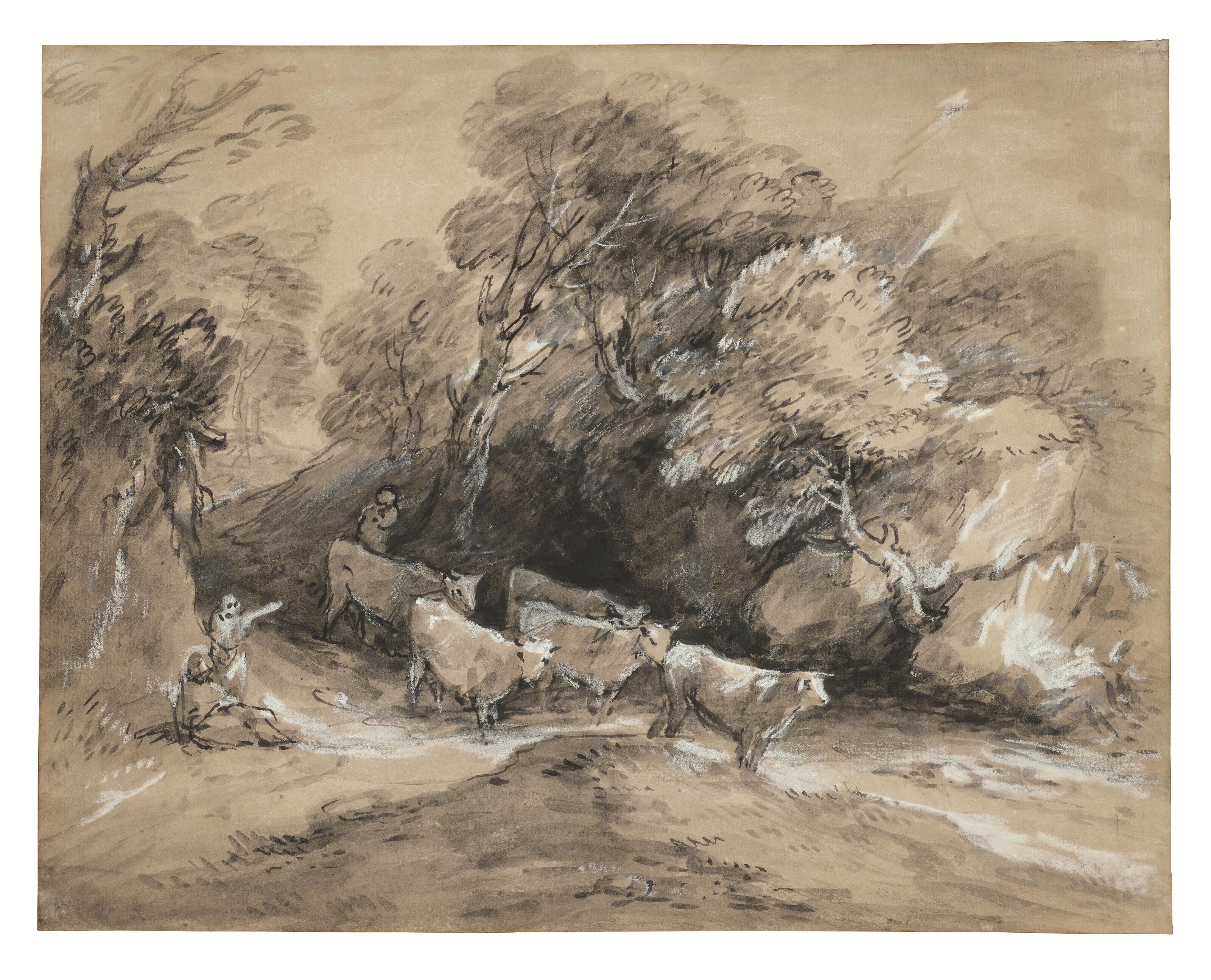 Thomas Gainsborough, R.A. - Wooded landscape with herdsmen and cattle on a track