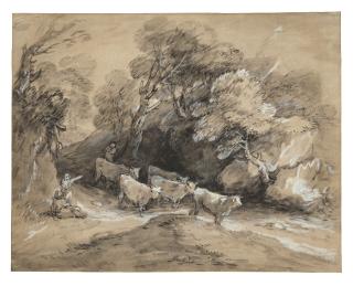 Thomas Gainsborough, R.A. - Wooded landscape with herdsmen and cattle on a track