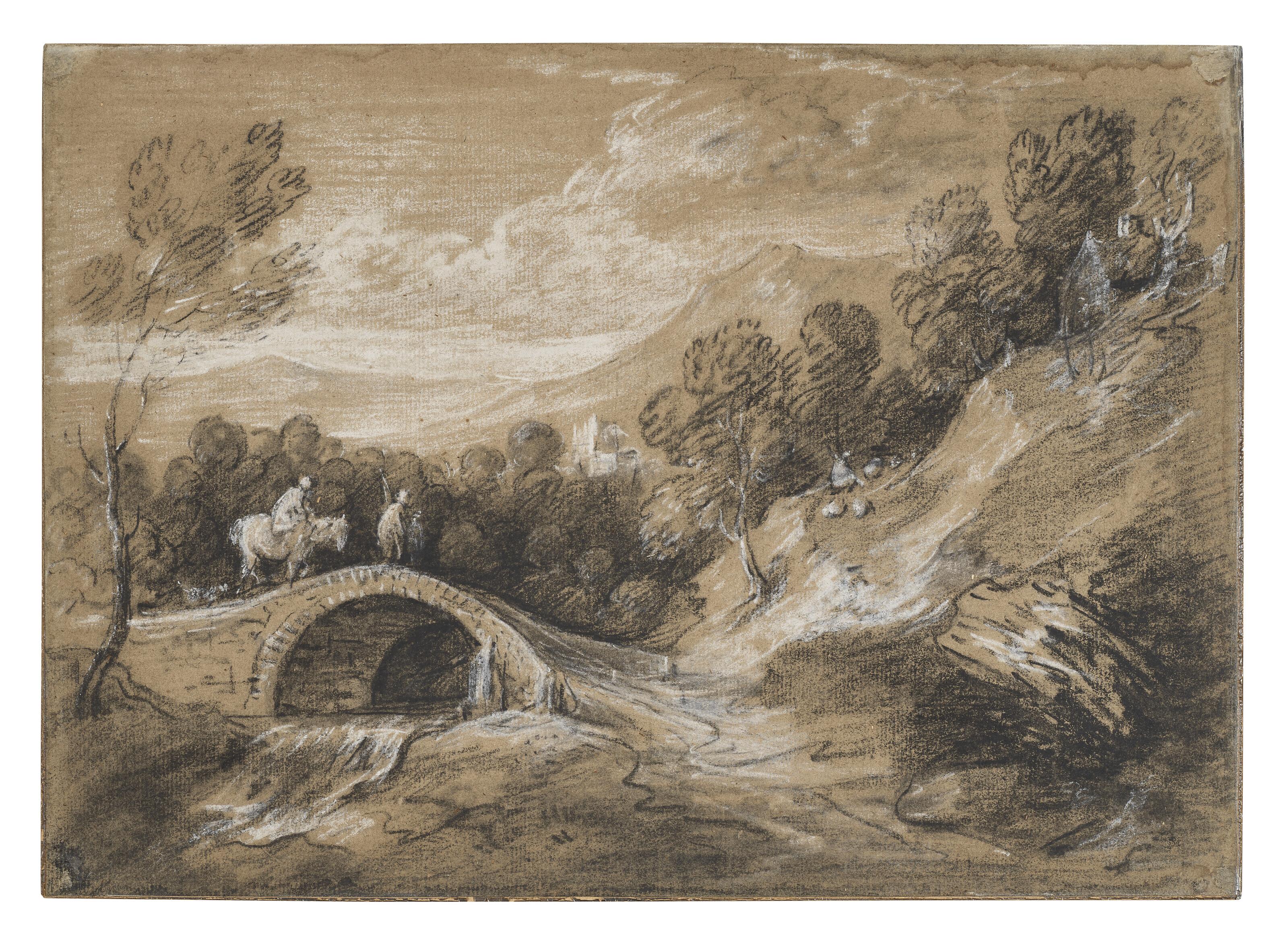 Thomas Gainsborough, R.A. - Wooded landscape with horsemen crossing a bridge