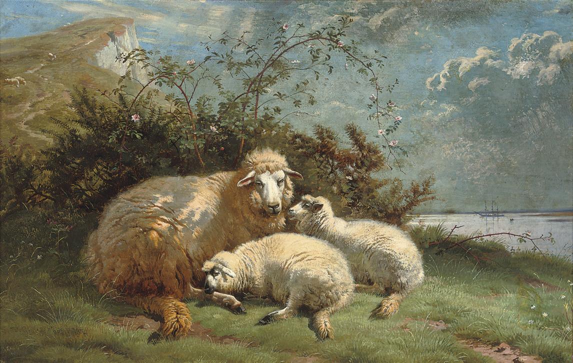 Thomas George Cooper - A ewe and her lambs nestled beneath a rose bush in a coastal landscape