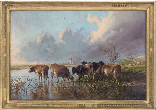 Thomas George Cooper - Cattle watering in a river landscape, a church in the distance