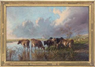 Thomas George Cooper - Cattle watering in a river landscape, a church in the distance