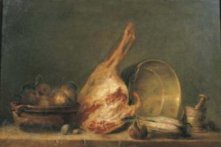 Thomas-Germain Duvivier - Des poires dans un bol, un jambon, une bassine en cuivre et un mortier sur un rebord