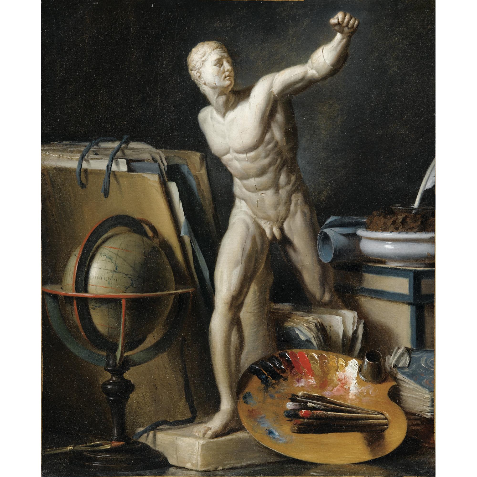 Thomas Germain Joseph Duvivier - Nature Morte À La Sphère, Palette Et Platre Antiquethomas Germain Joseph Duvivier ; Still Life With Sphere, Palette And Antique Plaster ; Oil On Canvas