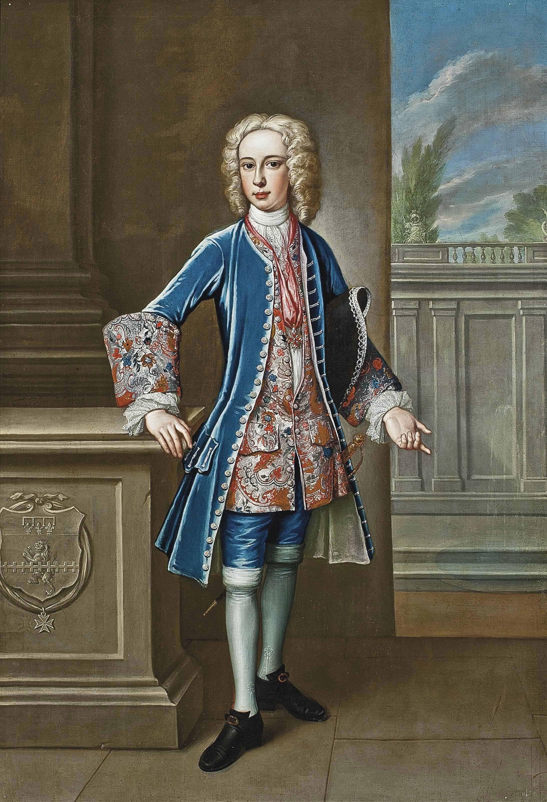 Thomas Gibson - Portrait of Antonio Niccolini Sirigatti, full-length, in a blue velvet coat and breeches, an elaborate embroidered waistcoat, wearing the cross of the Order of Saint Stephen, in a classical garden