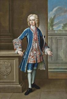 Thomas Gibson - Portrait of Antonio Niccolini Sirigatti, full-length, in a blue velvet coat and breeches, an elaborate embroidered waistcoat, wearing the cross of the Order of Saint Stephen, in a classical garden