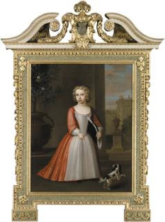 Thomas Gibson - Portrait of Mawdistly Best (d. 1795) of Chilston Park, Kent, as a boy, full-length, wearing a red dress with a white apron and holding a hat, his spaniel at his feet, with buildings beyond
