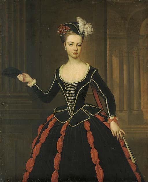 Thomas Gibson - Portrait of the Hon. Mrs William Townshend, three-quarter-length, in black and red masquerade dress, holding a mask in her right hand, a classical arcade beyond