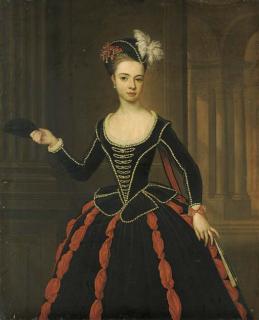 Thomas Gibson - Portrait of the Hon. Mrs William Townshend, three-quarter-length, in black and red masquerade dress, holding a mask in her right hand, a classical arcade beyond