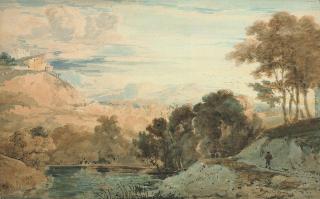 Thomas Girtin - An angler by a wooded river in an extensive landscape, with buildings on a hill beyond