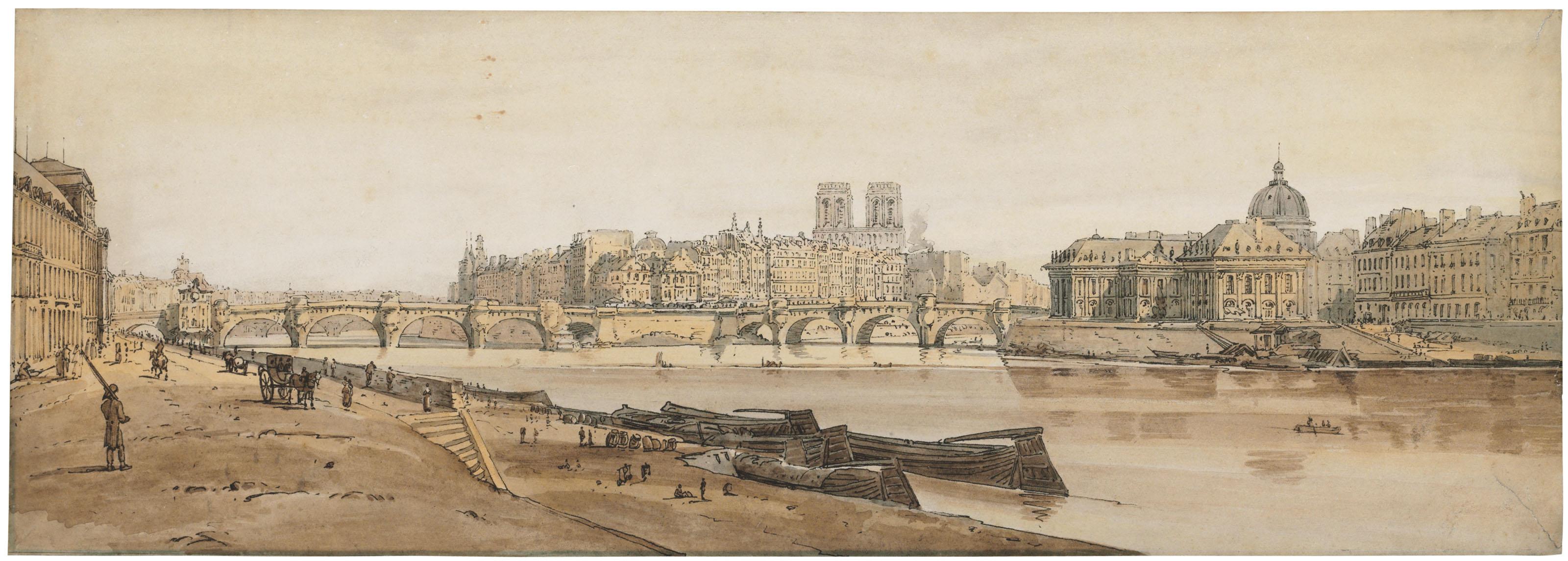 Thomas Girtin - View of Port Neuf, part of the Louvre, Notre Dame & the College of Four Nations, plate VII of \'A Selection of the most Picturesque Views in Paris and its Environs\'