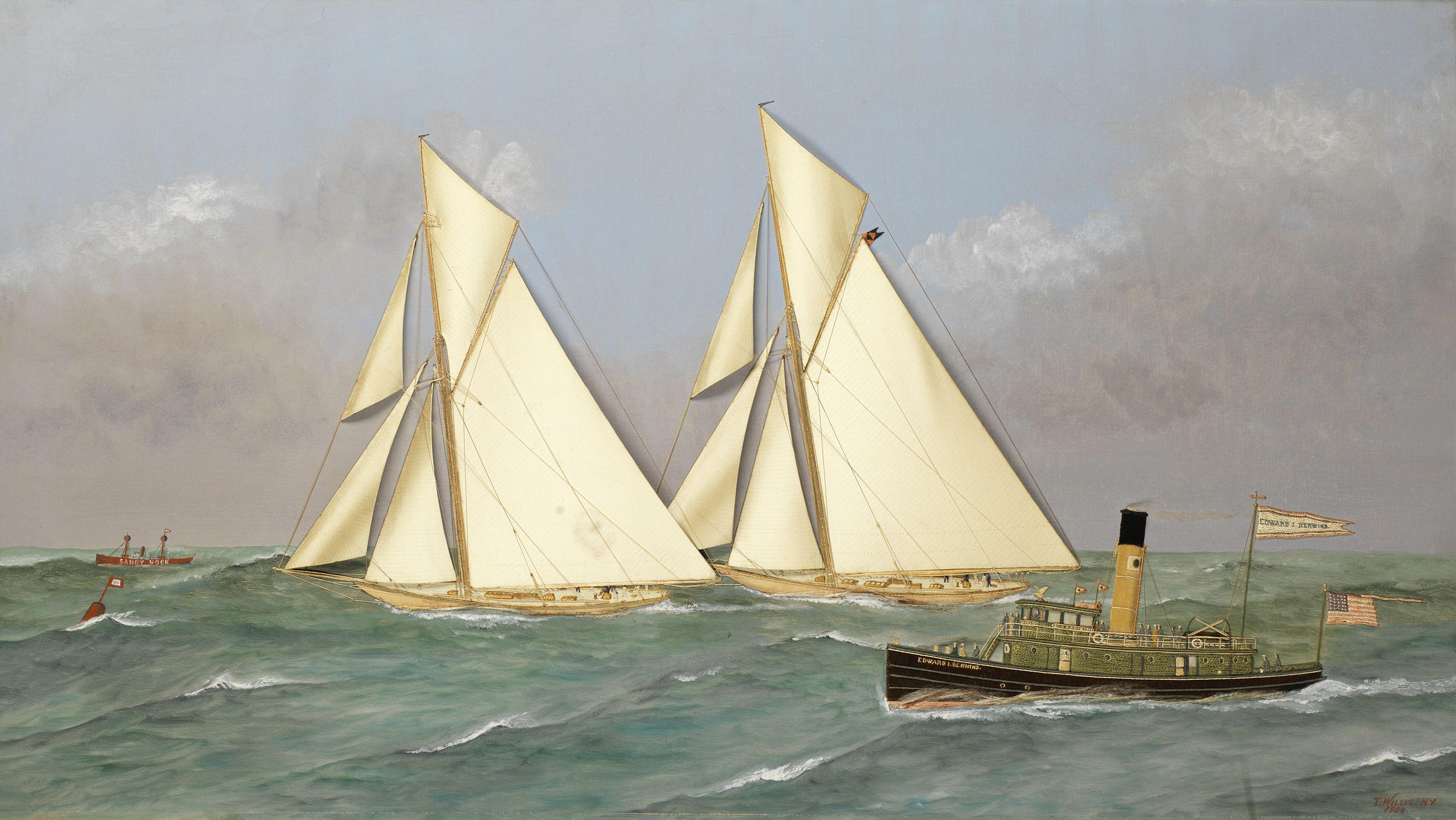 Thomas H. Willis - Reliance and Shamrock III race for the 1903 America\'s Cup, with spectators on the steamer \'Edward J Berwind\' looking on, the Sandy Hook lightship in the distance