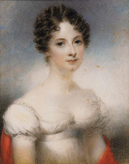 Thomas Hargreaves - A lady and a gentleman: she, half length in white dress with short puffed sleeves and a red stole over her arm, her dark hair in ringlets; he, in navy blue coat and yellow waistcoat, frilled white cravat