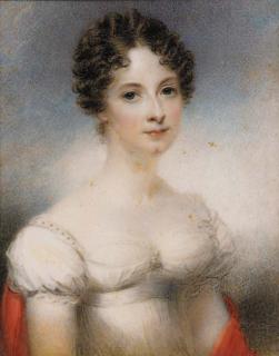 Thomas Hargreaves - A lady and a gentleman: she, half length in white dress with short puffed sleeves and a red stole over her arm, her dark hair in ringlets; he, in navy blue coat and yellow waistcoat, frilled white cravat