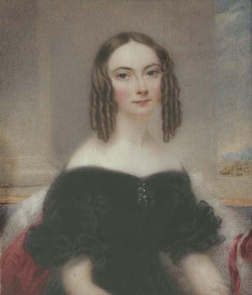 Thomas Hargreaves - A young lady, seated in a blue upholstered chair, in black velvet dress, drop jewel pendant at corsage, white fur-bordered red cloak, her centre-parted light brown hair dressed in ringlets; pillar and landscape background beyond