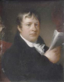 Thomas Hargreaves - Rev. William Shepard, in a black coat and frilled white cravat, holding a document, seated in a crimson chair; drapery background