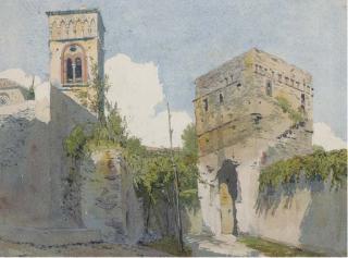 Thomas Hartley Cromek, A.N.W.S. - A gateway to an Italian town, a church beyond