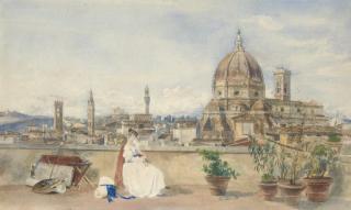 Thomas Hartley Cromek - The Artist\'S Wife Admiring The Skyline Of Florence With The Bargello, Badia, Forte Belvedere, Palazzo Vecchio, Duomo And Campanile, From A Roof Terrace On The Via Dei Servi