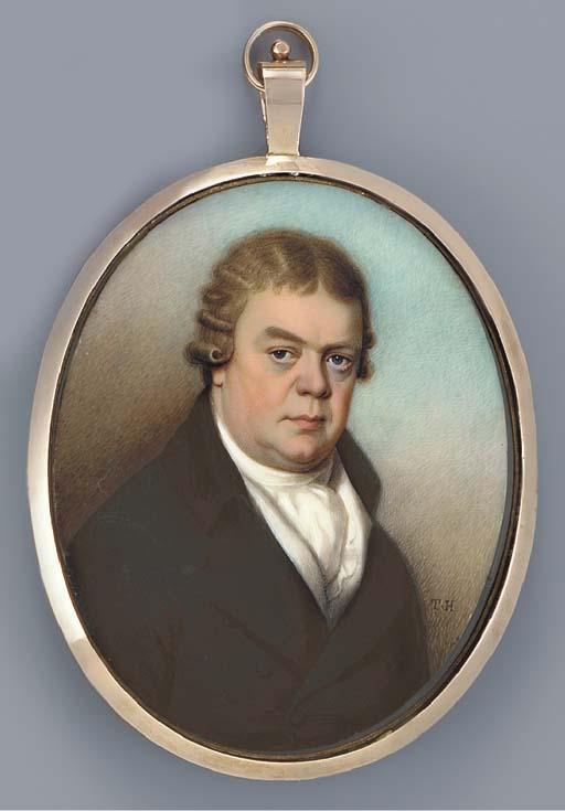 Thomas Hazlehurst - A gentleman, facing right in blue coat, white waistcoat and frilled cravat