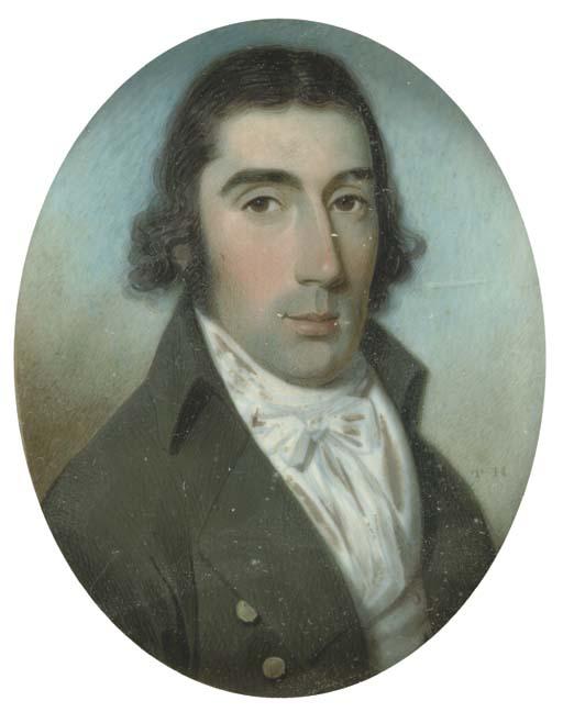 Thomas Hazlehurst - A gentleman in open green coat and white waistcoat, dark wavy hair