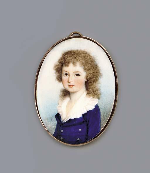 Thomas Hazlehurst - A young boy, facing left in blue coat, white shirt with frilled collar, long curling fair hair